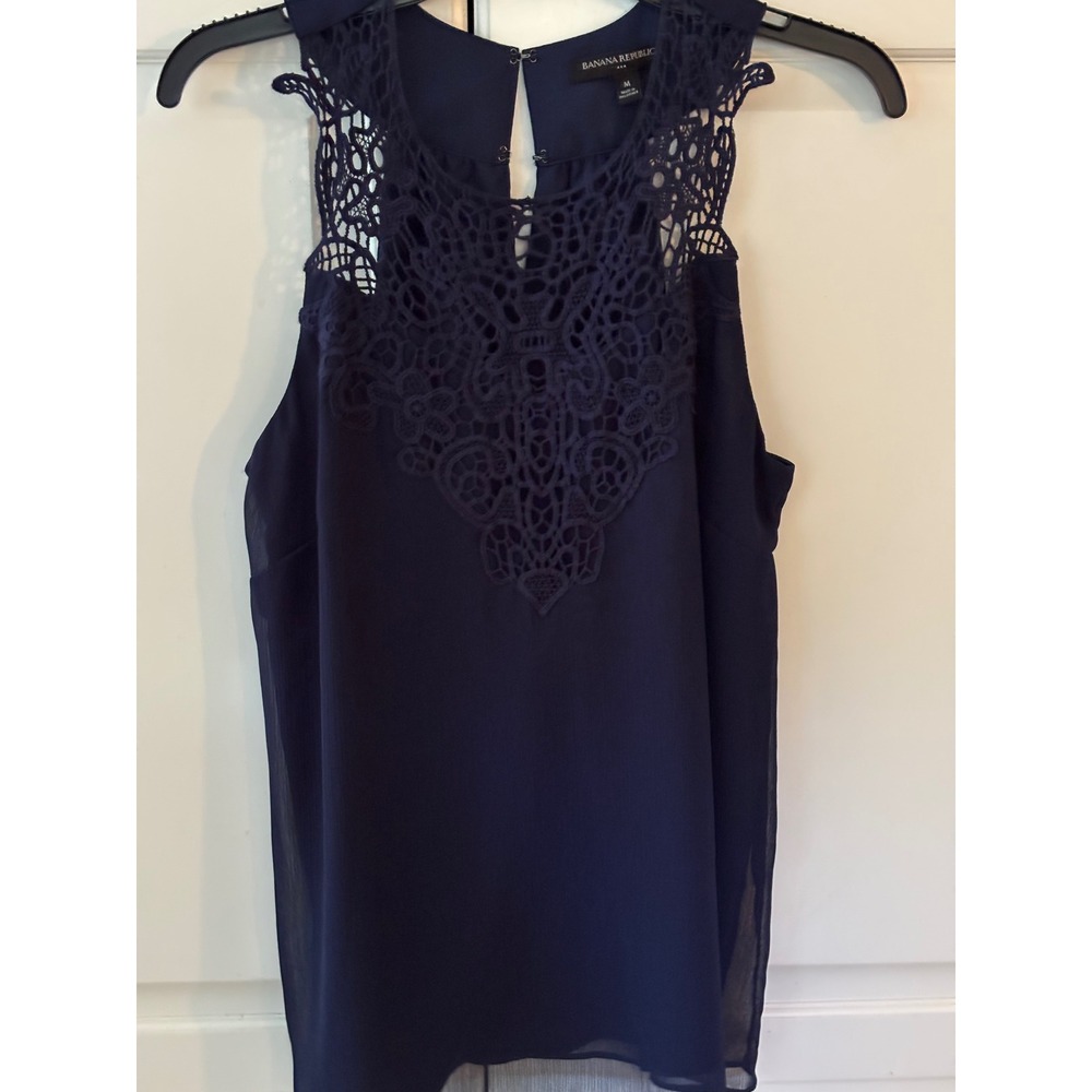 Banana Republic Navy Blue Lace Yoke Sleeveless Blouse Top Women's Medium